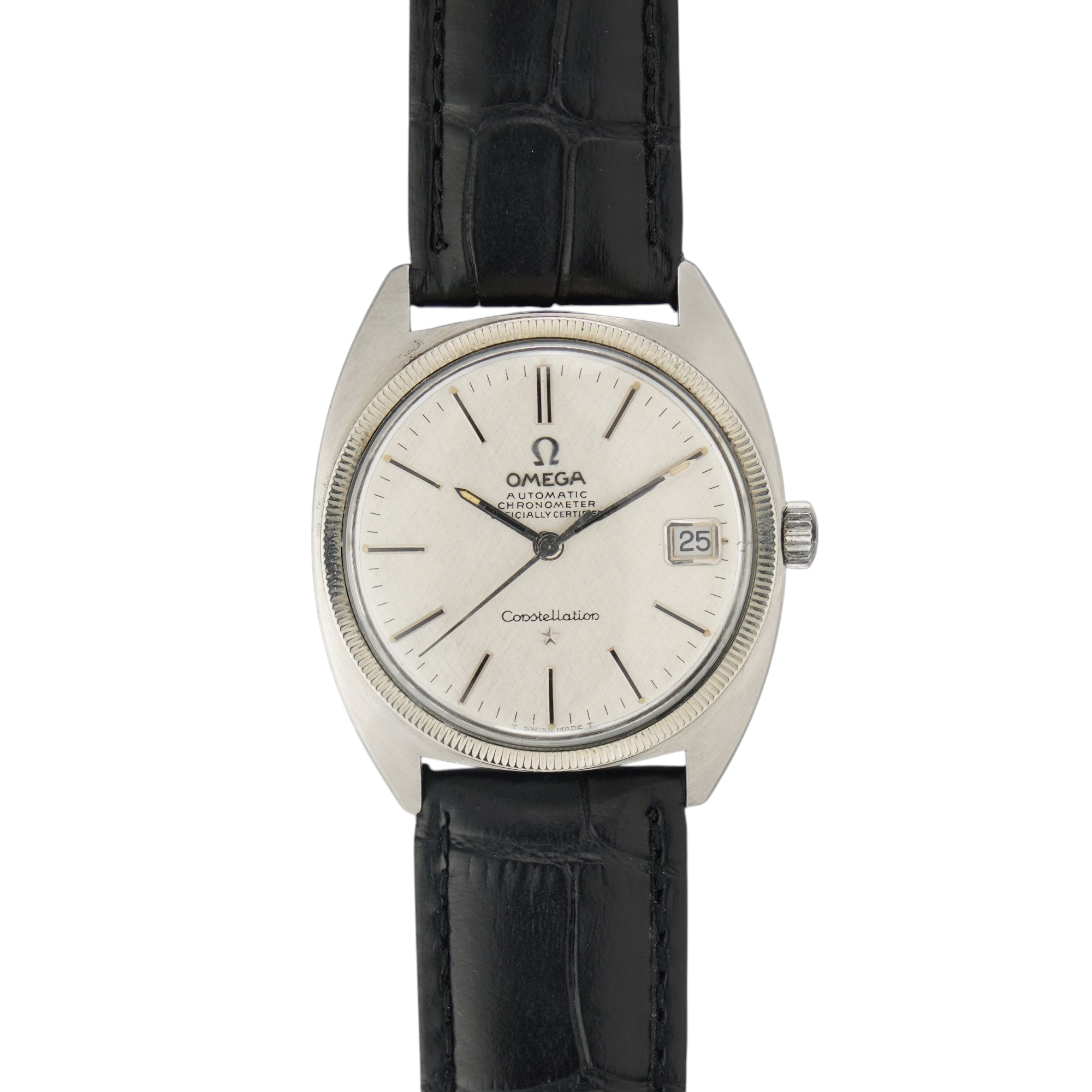 Omega Constellation ref.168.017 from 1967. Steel c-shape case, silver-white linen dial in mint condition and with the cal.564 movement.