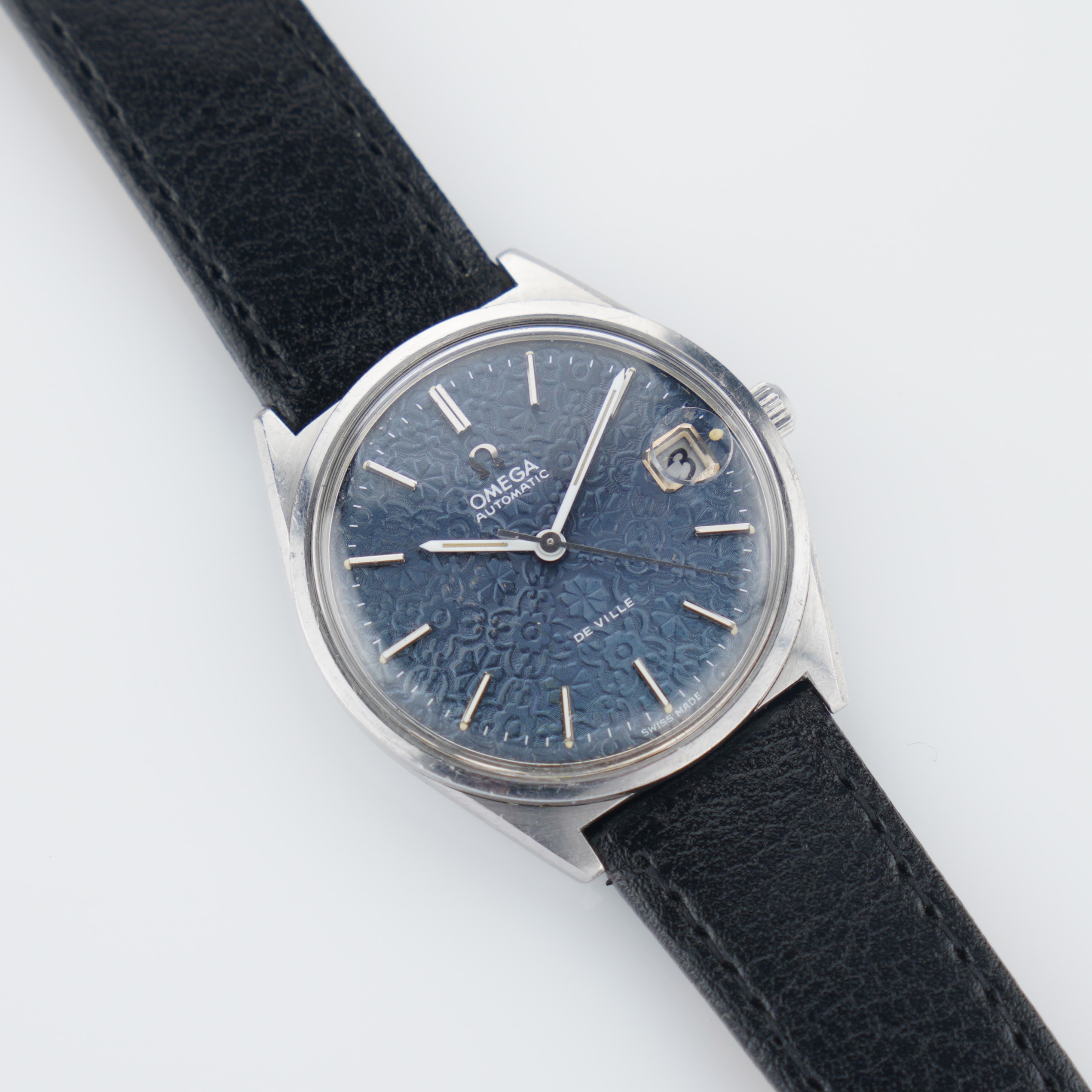Omega De Ville ref. 166.0105 from 1970. 34,5 mm steel case, rare blue flower pattern dial and automatic cal. 565 movement. - Image 5