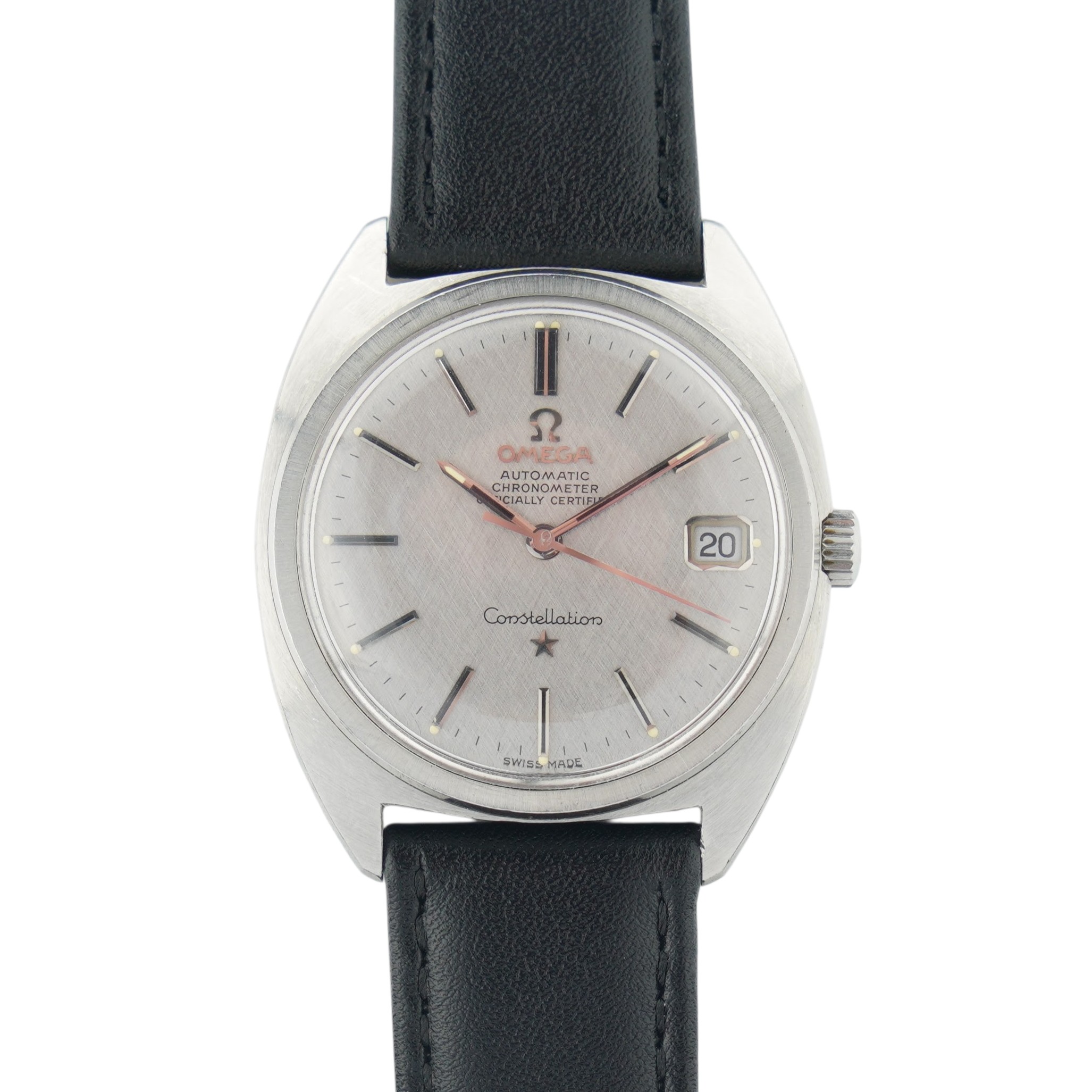 Omega Constellation ref.168.017 from 1970. Steel c-shape case, silver linen texture dial and cal.564 movement.