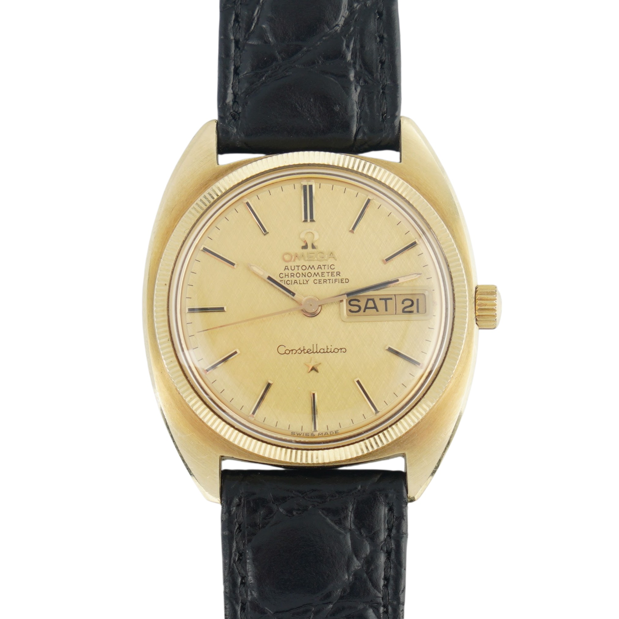 Omega Constellation ref.168.029 from 1970. Gold-plated c-shape case, linen texture dial and serviced cal.751 movement.