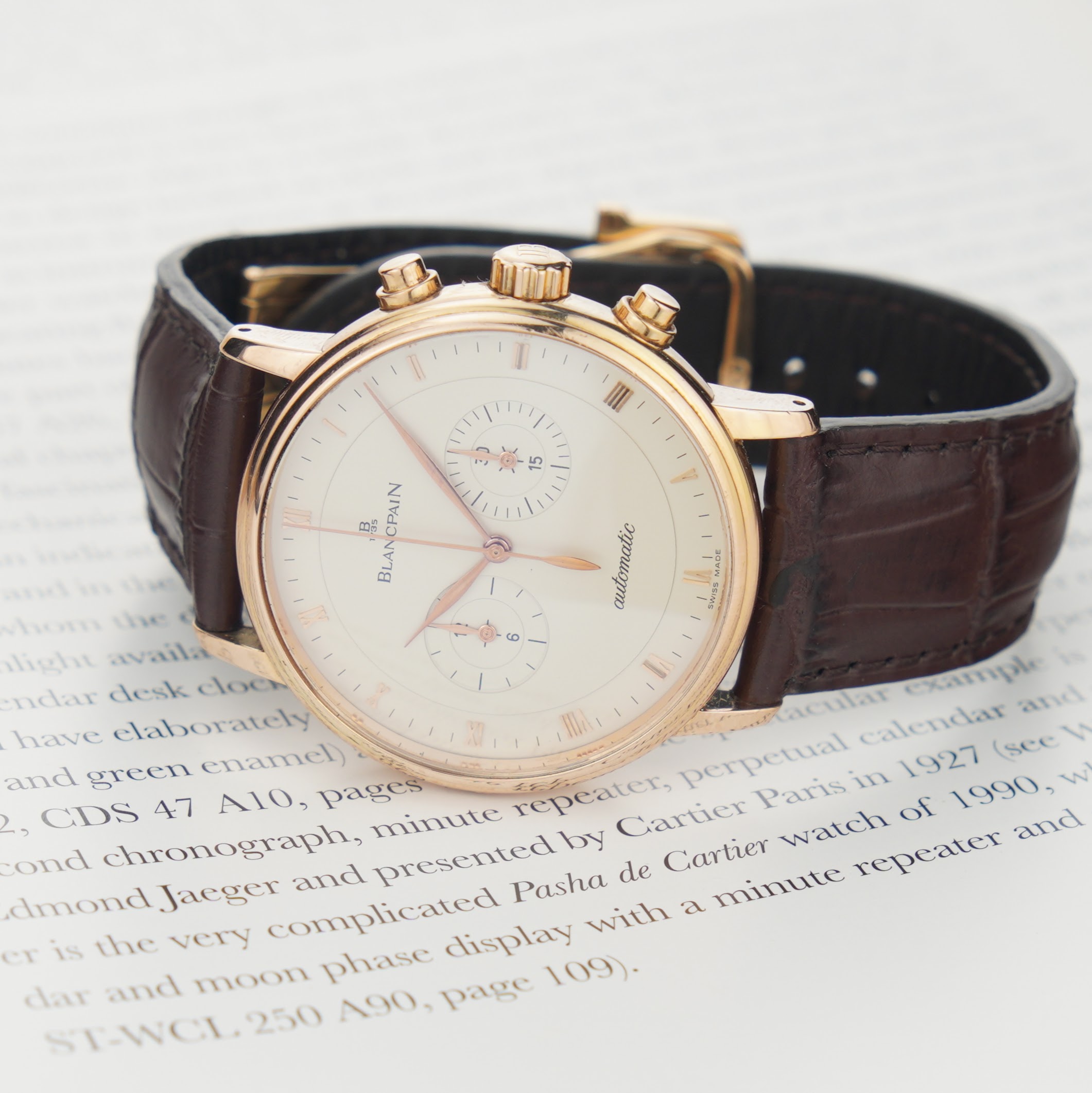 Blancpain Villeret chronograph 4082-3642-55 with 40mm 18k rose gold case from circa 2010.