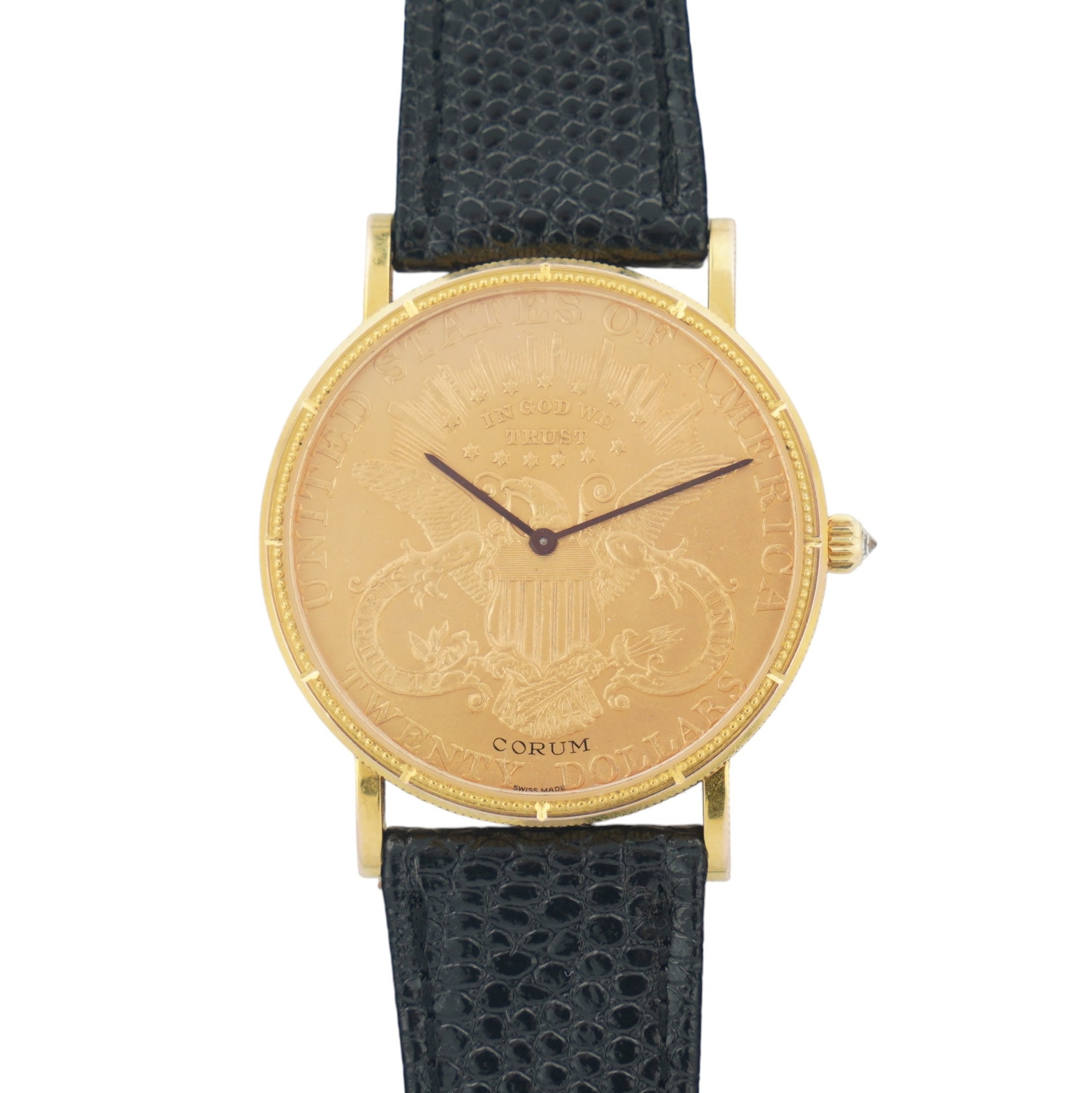 Corum 20 Dollar double eagle coin watch with 35mm case and manual-wind movement.